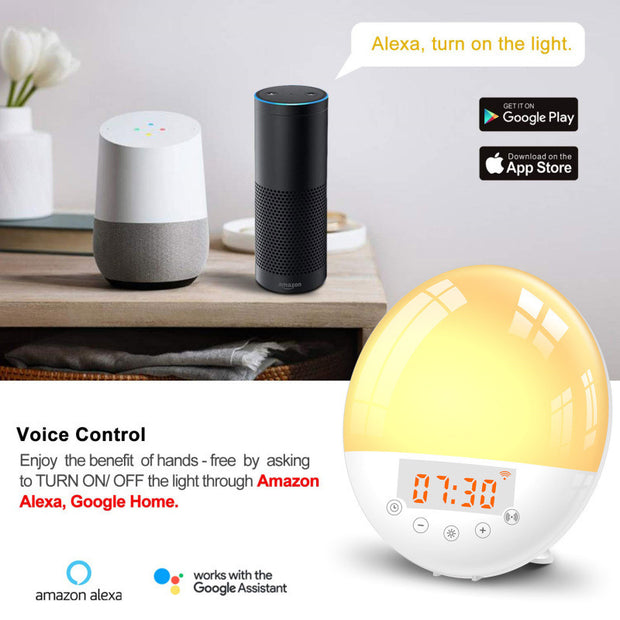 Wake-up Light, Wifi Voice Control Alarm Clock For Kids/Adults, Sunrise Sunset Simulation, FM Radio,  Bedroom Decor Sleep Aid.