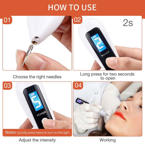 Face Skin Dark Spot Remover - 9 Level LCD, Mole Tattoo Removal Laser Plasma Pen Machine Facial Freckle, Tag, Wart Removal.